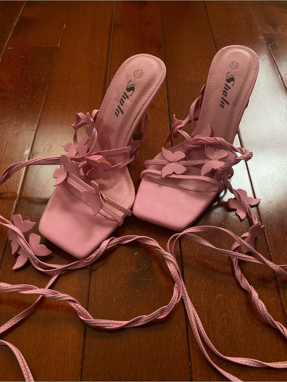 SHEIN Pink Butterfly Lace-Up Heeled Sandals